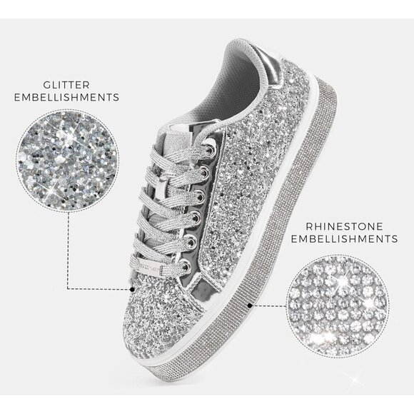 Women's Silver  Platform Glitter Sneakers | Sparkly Bling Shiny Dressy - Picture 3 of 9